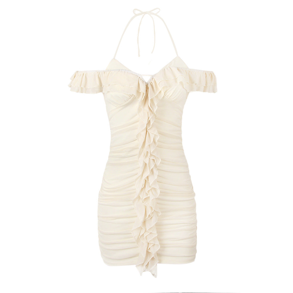 Mesh Ruched Bodycon Ruffle Dress