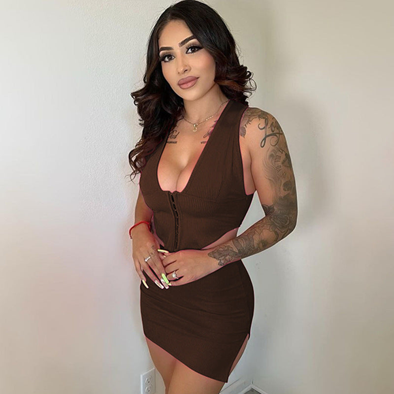 V-neck Vest and Slit Skirt Set