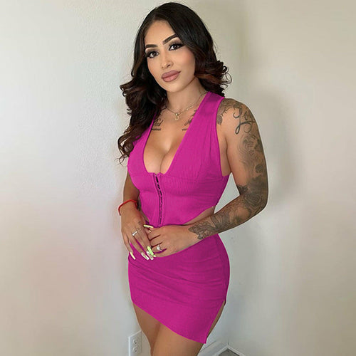 V-neck Vest and Slit Skirt Set