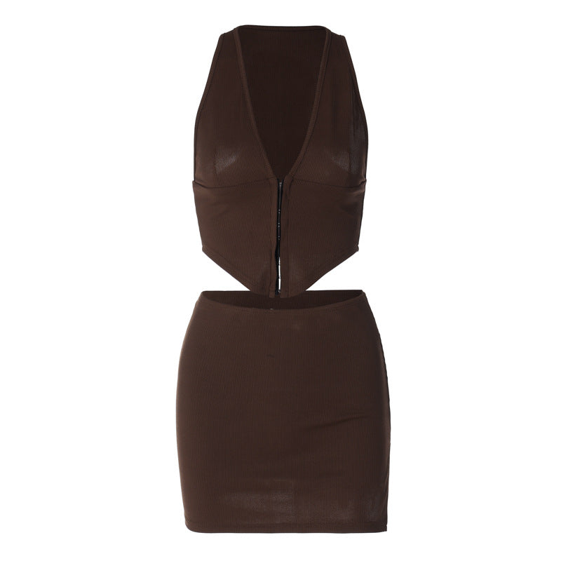 V-neck Vest and Slit Skirt Set