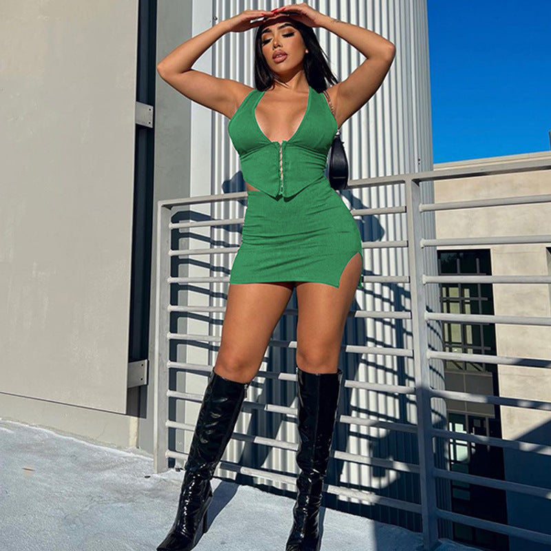 V-neck Vest and Slit Skirt Set