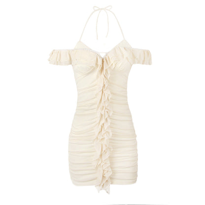 Mesh Ruched Bodycon Ruffle Dress