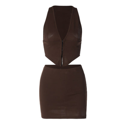 V-neck Vest and Slit Skirt Set