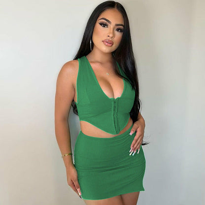 V-neck Vest and Slit Skirt Set