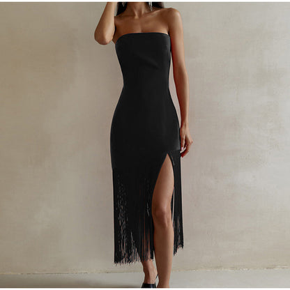 Sexy slim Fringe Tube Top Side Slit Dress