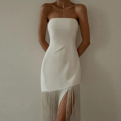 Sexy slim Fringe Tube Top Side Slit Dress